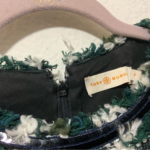 TORY BURCH Norfolk Green Black/Green Tweed Cap Sleeves A-line Sequin Dress $395 - Picture 7 of 16